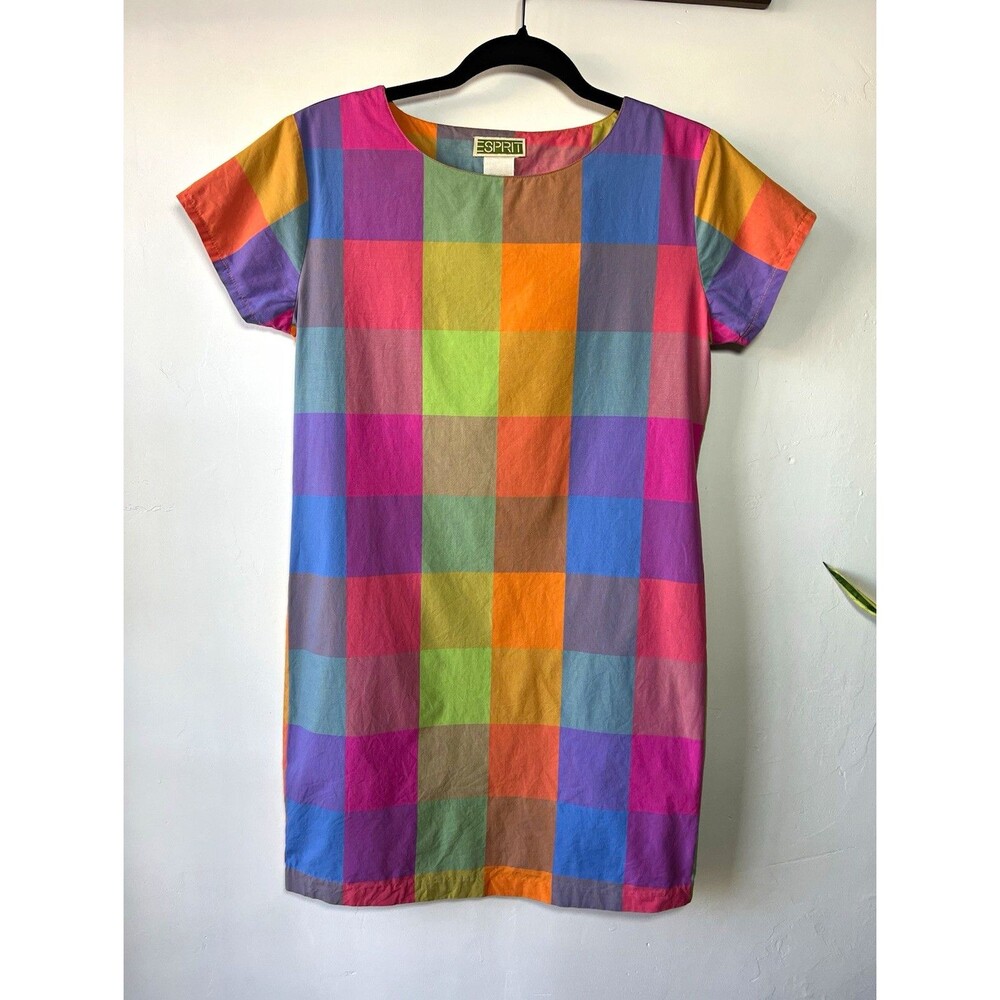 Esprit Multicolor Plaid Shift Dress Short Sleeve Round Neck Knee Length Cotton S